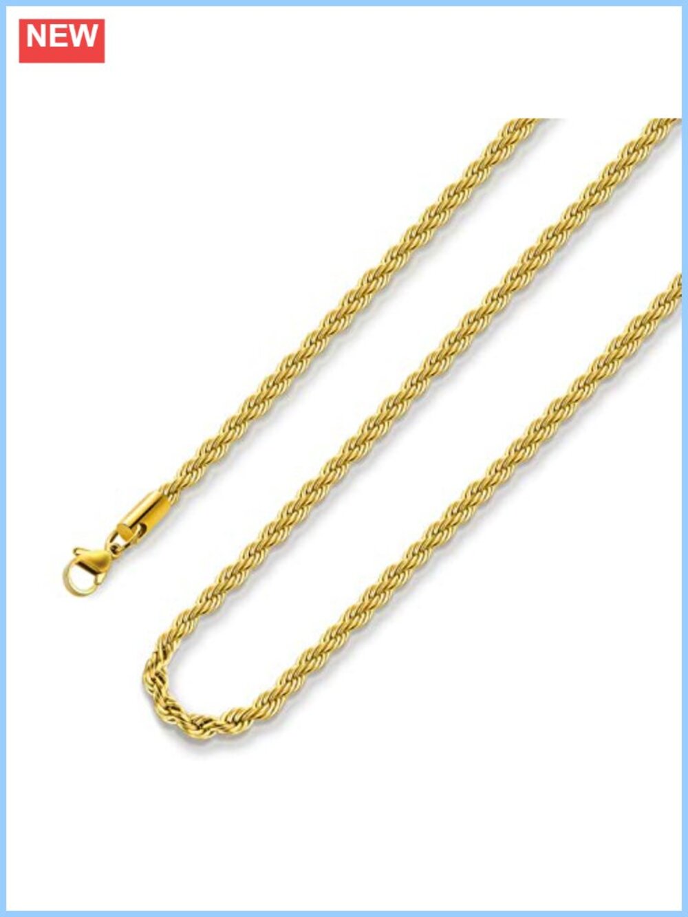 24K Gold Plated Stainless Steel Rope Twist Chain Necklace 20 In